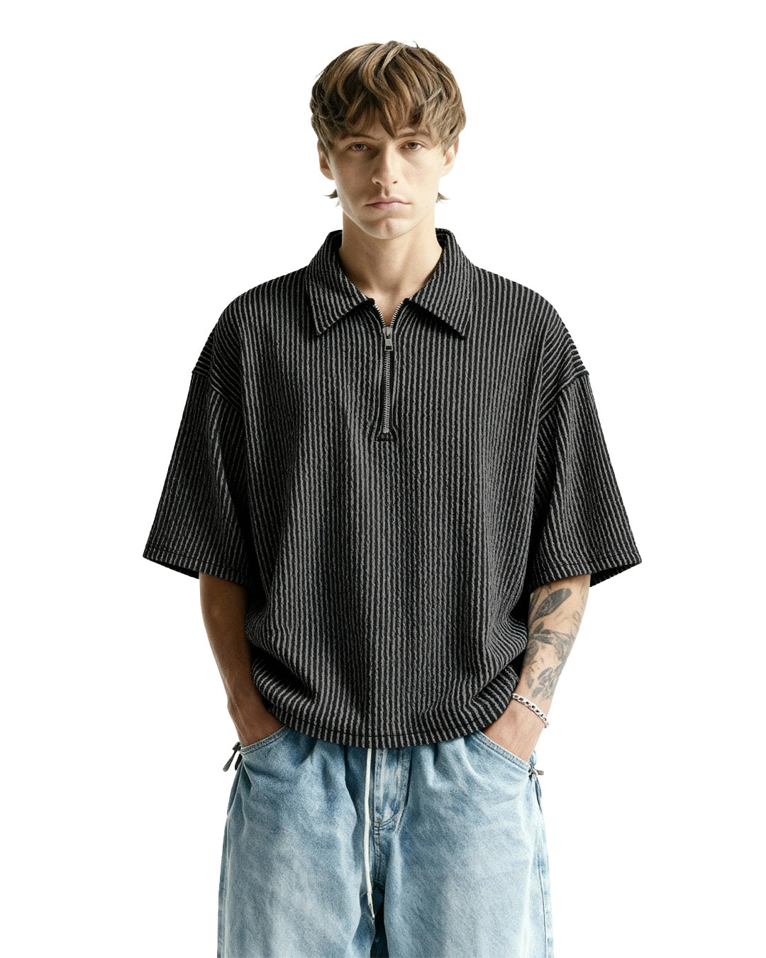 Black Wave Polo T-Shirt with Zip