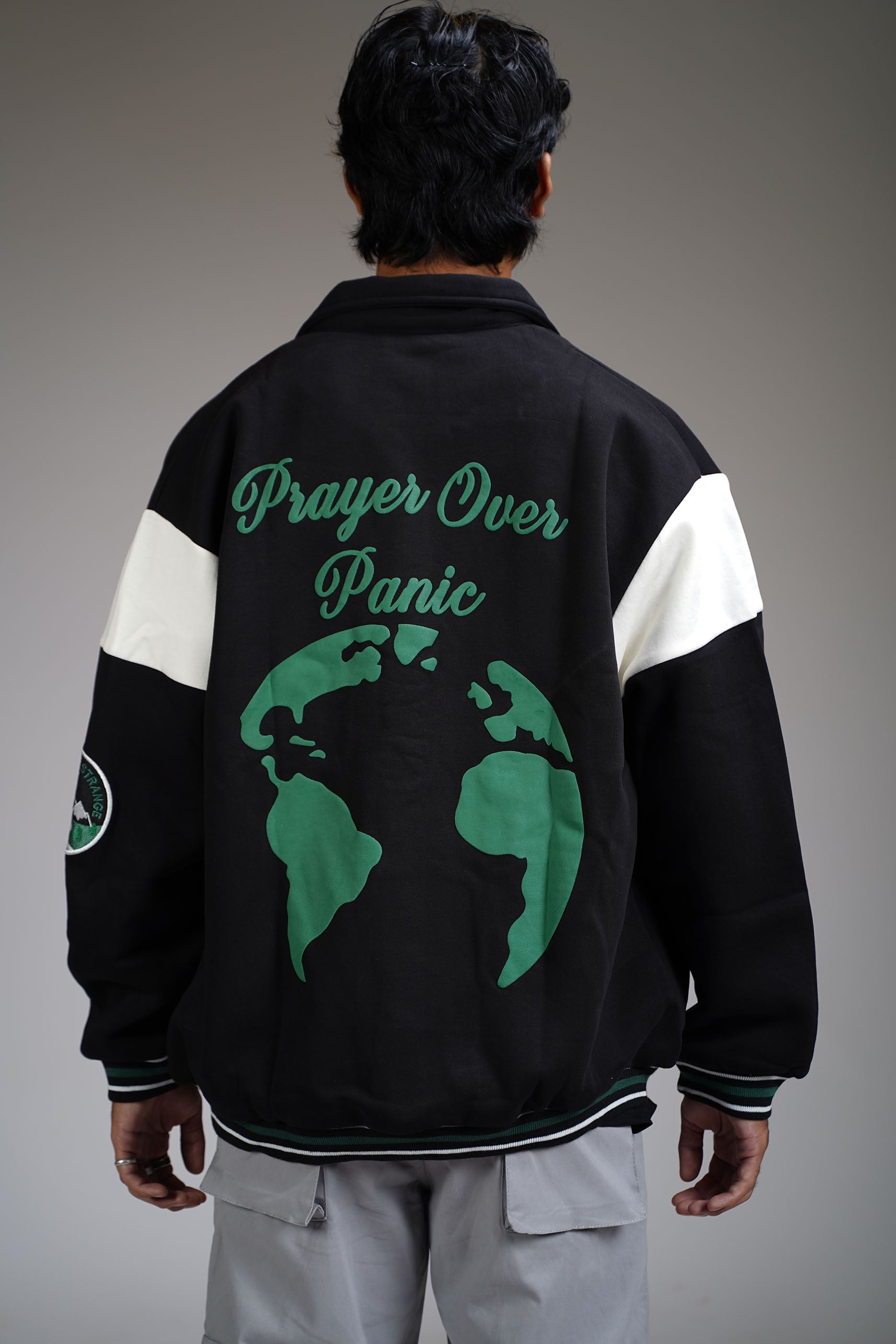 Prayer Over Panic Black Varsity Jacket